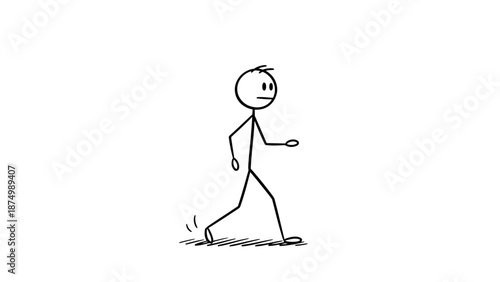 Stick Figure Man Walking Casually with a Calm Expression, Isolated White Background
