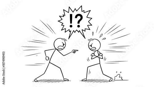 Two Stick Figures Arguing and Shouting, One Shocked by the Confrontation, Isolated White Background