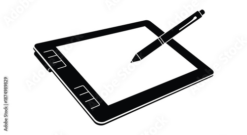 A sleek digital drawing tablet and stylus shown in a striking black and white silhouette