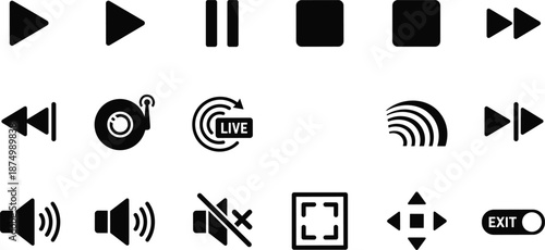 "Black and White Media Control Icons, Play, Pause, Sound, Stop, Forward, Backward, Volume, Live, Exit, and More"