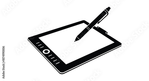 A sleek digital tablet with a stylus pen shown in a striking black silhouette