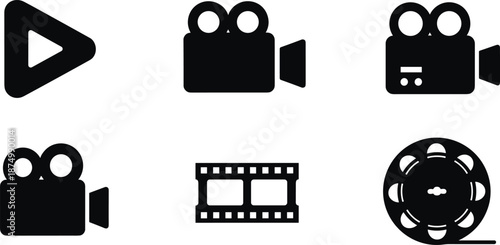 "Set of black media icons including play button, video camera, film reel, and movie-related symbols for digital content creation."