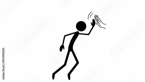 Stick Figure Man Waving Goodbye While Running Energetically, Isolated White Background