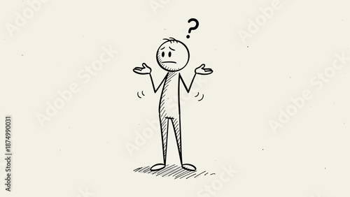 Stick Figure Man Shrugging with Arms Out and Question Mark, Expressing Confusion on a Light Beige Textured Background