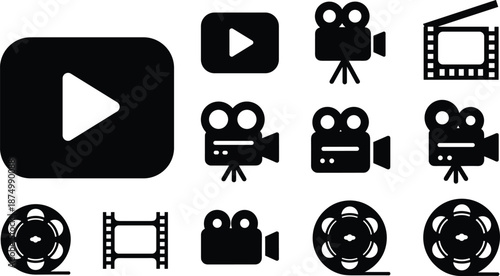 "Set of black media icons including play button, video camera, film reel, and YouTube symbol for video and media content."