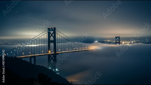 Suspension bridge illuminated at night above calm water landscape