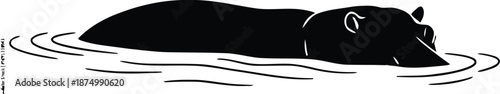 Stylized Black Hippo Swimming Design Illustration