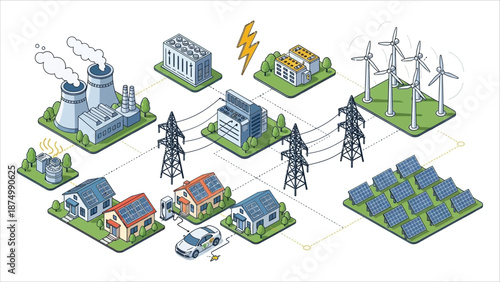 Vector illustration of renewable energy distribution houses, offices, factories, solar and wind plants, power grid pylons, transformers, and virtual battery storage..eps