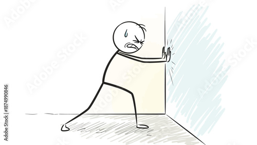 Frustrated Stick Figure Man Pushing Against Wall with Effort in Studio Background