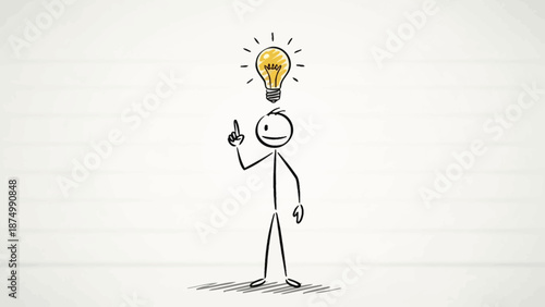 Stick Figure Man Pointing Up with Lightbulb Idea Above Head in Bright Studio Background