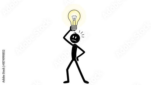 Stick Figure Man Thinking Intensely with Glowing Lightbulb Idea Isolated White Background