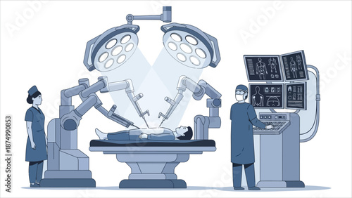 Vector illustration of surgeons using a robotic surgical system with monitors showing patient vital signs and anatomy in a modern operating room..eps