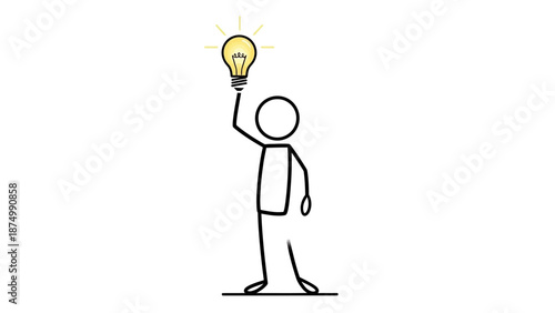 Stick Figure Man Holding Lightbulb Idea Above Head Isolated White Background