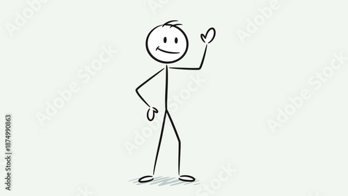Stick Figure Man Standing with Hand Raised Looking Thoughtful Isolated White Background