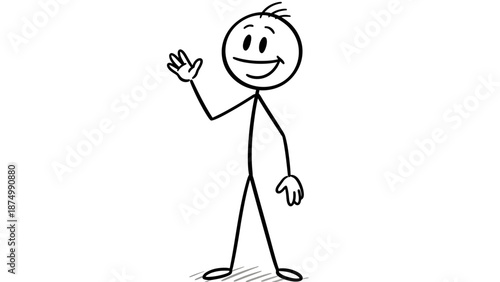 Happy Stick Figure Man Waving Hand Hello with a Friendly Smile Isolated White Background