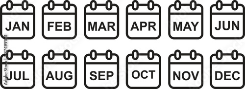 Calendar icon set in black outline styles. Vectors month date symbols and minimal schedule planner for reminder, event management, business and time designs isolated on transparent background.