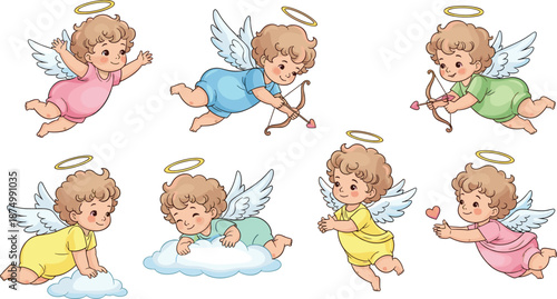 "Cute Baby Angel with Heart and Bow, Flying Cherub with Halo, Valentine’s Day Love Vector Illustration, CAD Drawing"