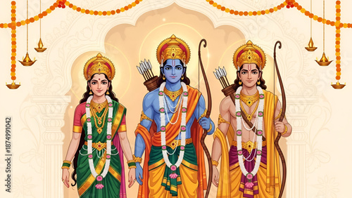 Ram Navami sacred illustration of Lord Ram with Sita and Lakshman standing in divine temple setting expressing Hindu festival devotion spirituality tradition