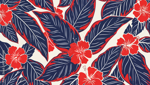 Vibrant floral pattern with red flowers and dark blue leaves