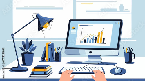 Modern home office desk with computer and lamp.