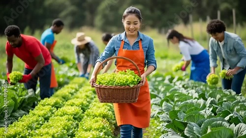 Diverse group of people harvesting fresh organic vegetables in a lush farm field.