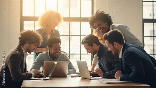 Diverse group of professionals collaborating in a modern office setting during a meeting.