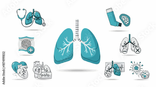 Medical illustration of human lungs and related healthcare icons.