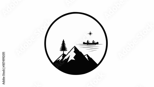 Minimalist Mountain Landscape with Canoe and Tree Icon.
