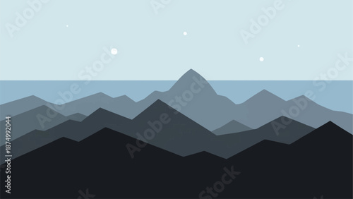 Minimalist mountain range landscape with stars in the sky.