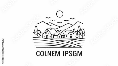 Minimalist village landscape with rolling hills and sun.