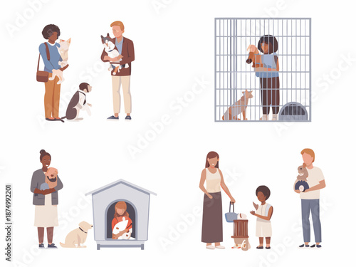 people adopting and caring for dogs in various settings