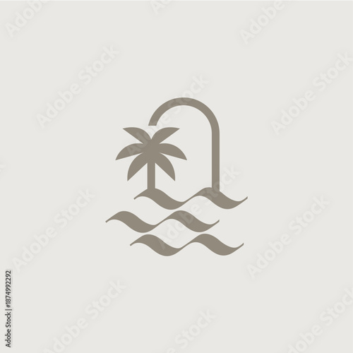 niche door palm tree water sea wave logo vector icon illustration
