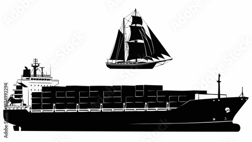 Modern container ship and old sailing ship comparison.