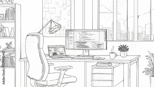 Modern Home Office Desk Setup with Computer and Laptop.