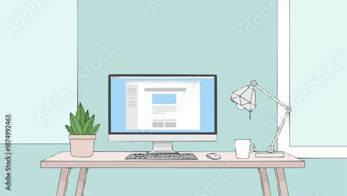 Modern Home Office Desk Setup With Computer And Plant.