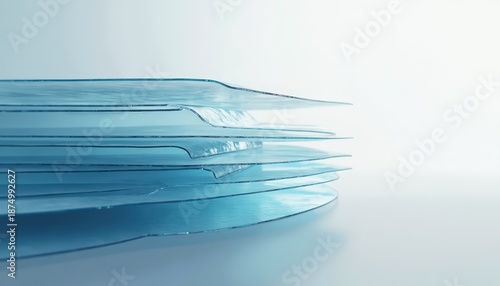 Abstract layers of frosted glass with blue and white tones illuminated by soft studio light on a clean minimalist background