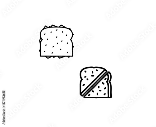 Sandwich line art icons set with whole bread and diagonal cut half slice outlines