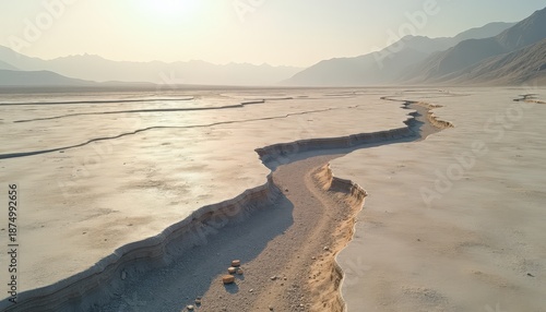 Dry Cracked Earth Landscape With Mountains In The Background During Golden Hour With Subtle Sun Flare Overhead And Vast Barren