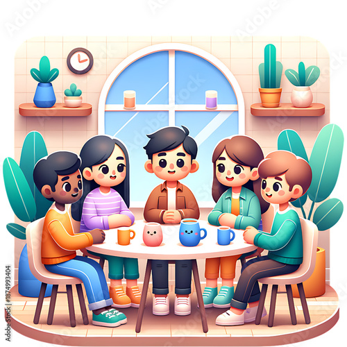 Cozy Gathering Illustration: An adorable illustration of a diverse group of friends gathered around a table, sharing a moment of togetherness, friendship.