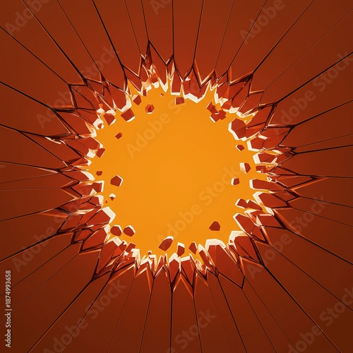 A fractured abstract plane with many sharp shards breaking away from a central empty zone, illustrating complex structural decomposition, disintegration, destruction, collapse