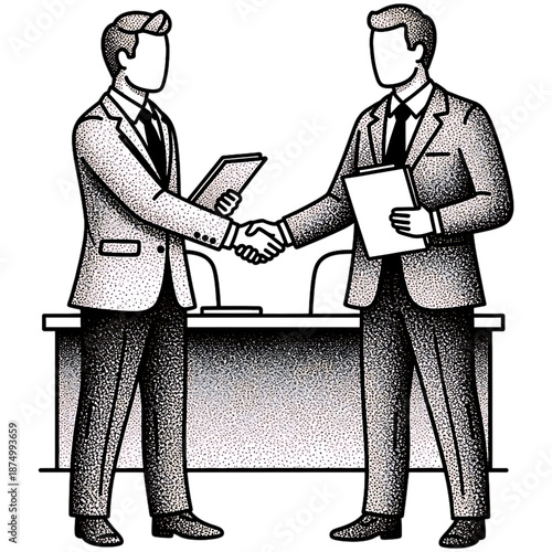 Handshake Agreement: Two professional figures sealing a deal with a firm handshake, symbolizing partnership and a meeting of the minds.