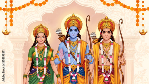 Ram Navami sacred illustration of Lord Ram with Sita and Lakshman standing in divine temple setting expressing Hindu festival devotion spirituality tradition