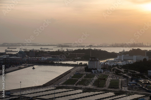 Keppel Harbour, Brani Island and Sentosa Island of Singapore at sunset