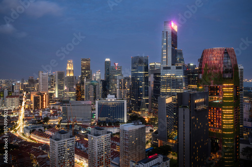 Aerial Night view of Singapore Central Business District Skyline