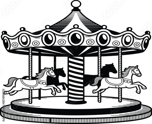 Vintage hand drawn carousel merry go round with horses, classic amusement park fairground attraction sketch vector illustration isolated on white background.