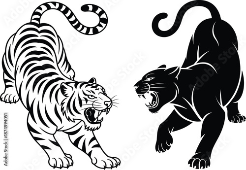 Hand drawn roaring tiger and black panther silhouettes in aggressive crouching poses, classic tattoo style jungle wild cat vector illustration on white.