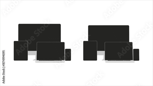 Vector set of devices smartphone, tablet, laptop, and desktop computer. Mockups with adaptive design and white or black screens.
