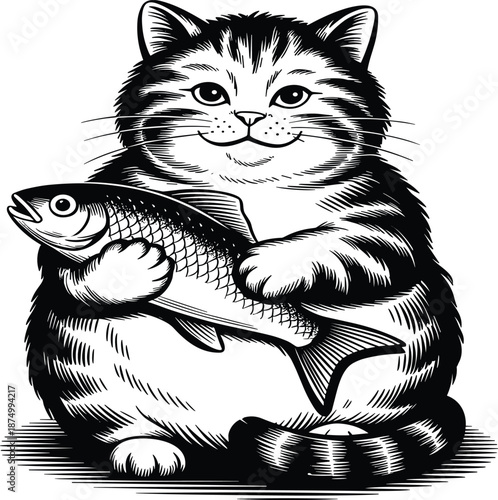 Hand drawn vintage fat tabby cat character holding a large fish, classic woodcut style feline fisherman sketch vector illustration isolated on white.