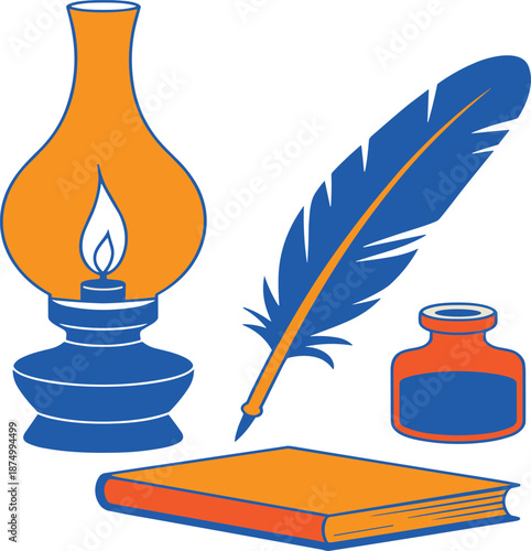 Vintage writer's desk tools set with a blue feather quill, lit oil lamp, ink bottle, and closed book flat vector illustration.