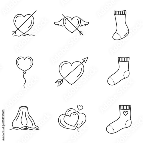 A delightful collection of minimalist line art icons featuring diverse heart symbols, romantic elements, cozy socks, and a unique volcano, perfect for love-themed designs.